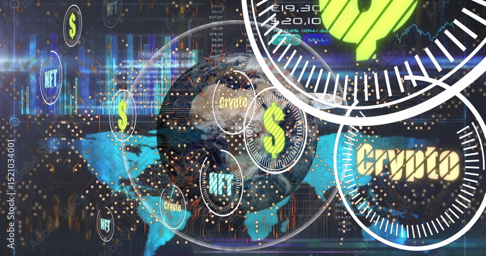Poster image of data processing and globe on blue background