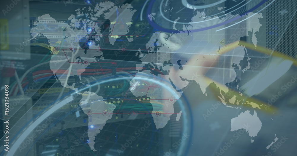Poster image of data processing and world map over caucasian man in server room