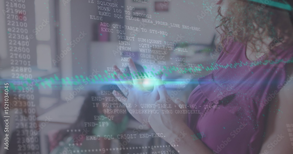 Poster image of light moving over midsection of senior caucasian woman using walking with binary coding