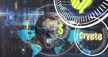 Image of data processing and globe on blue background