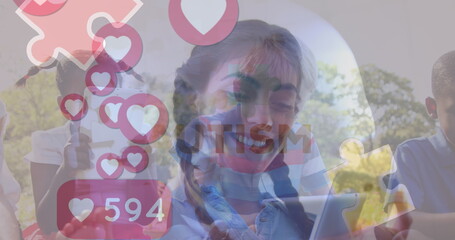 Image of autism awareness month text over diverse schoolchildren