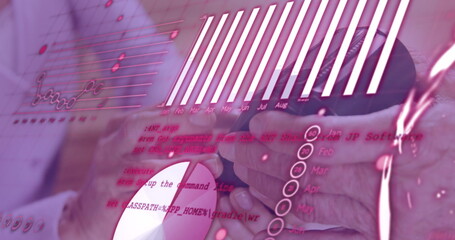 Image of data processing with graph over diverse people paying with credit card