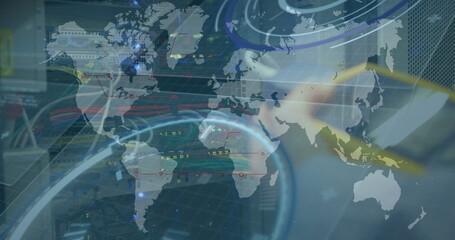 Image of data processing and world map over caucasian man in server room