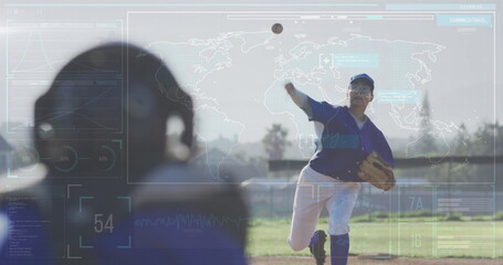 Image of data processing over caucasian female baseball player