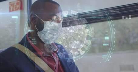 Image of data processing over african american man with face mask using smartphone