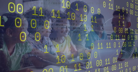 Image of data processing over teacher with diverse schoolchildren