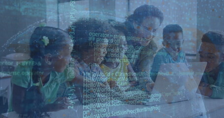 Image of data processing over teacher with diverse schoolchildren