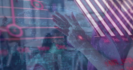 Image of data processing over caucasian teacher with diverse schoolchildren