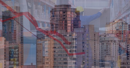 Image of cityscape over caucasian male worker in warehouse