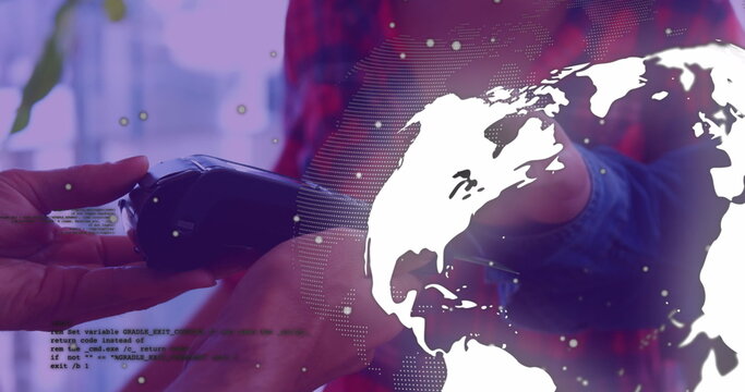 Image of data processing with globe over diverse people paying with credit card - Powered by Adobe