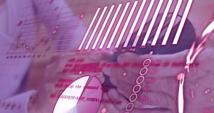 Image of data processing with graph over diverse people paying with credit card