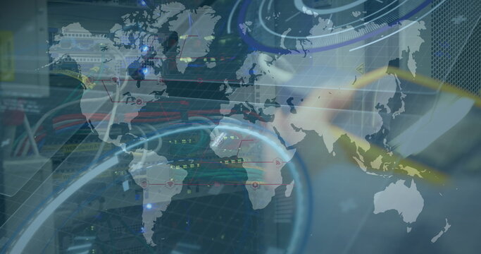 Image of data processing and world map over caucasian man in server room - Powered by Adobe