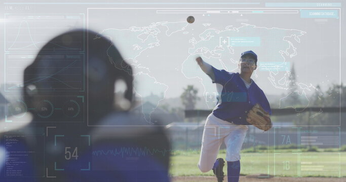 Image of data processing over caucasian female baseball player