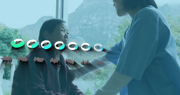 Image of data processing over asian female doctor treating patient