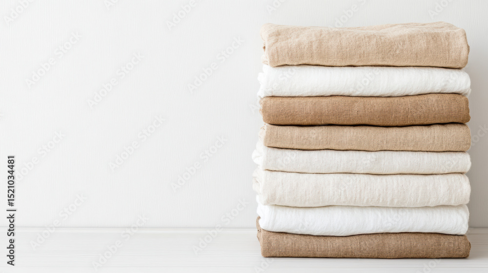 Poster soft linen napkins stacked neatly in warm, neutral tones create calming atmosphere