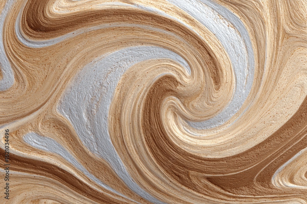 Poster swirling abstract design with shades of brown and silver created by paint mixing on canvas