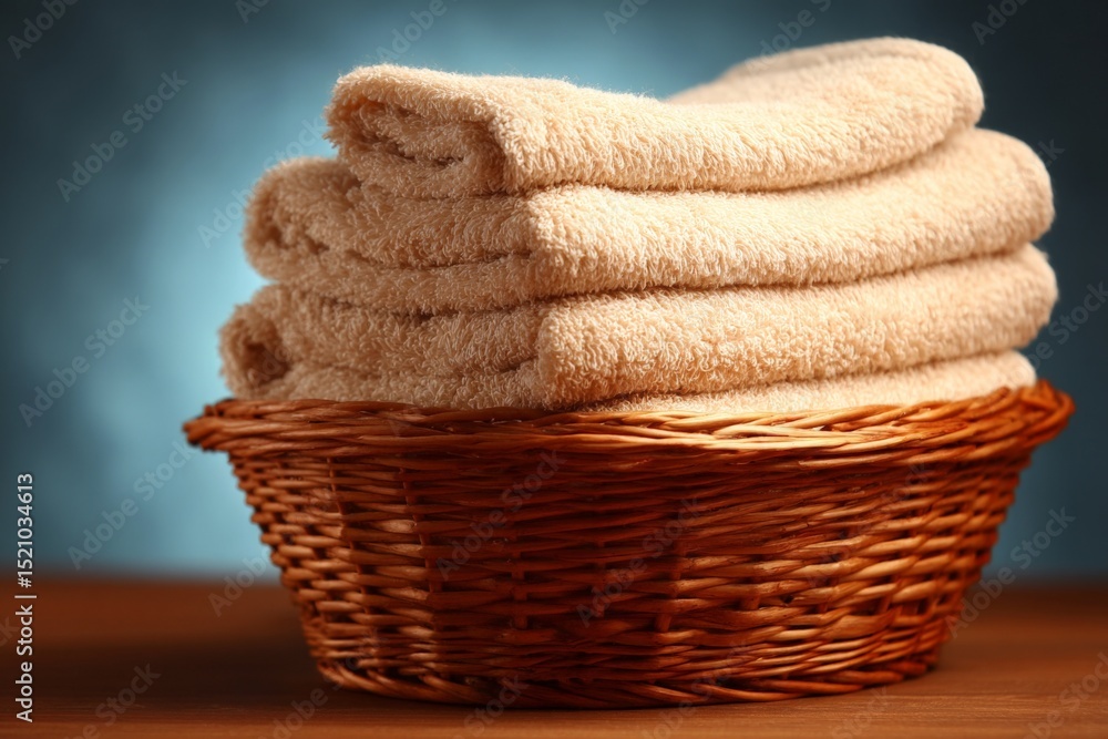 Poster soft towels stacked neatly in a woven basket on a wooden surface with a gently lit background