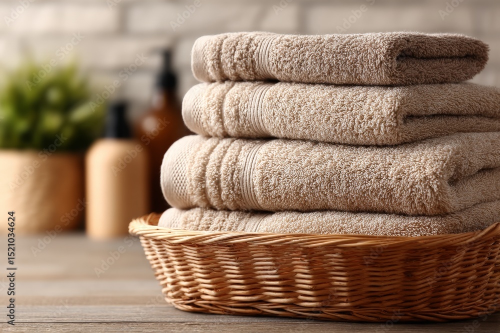 Poster Soft beige towels neatly arranged in a wicker basket on a wooden countertop with spa products in the background