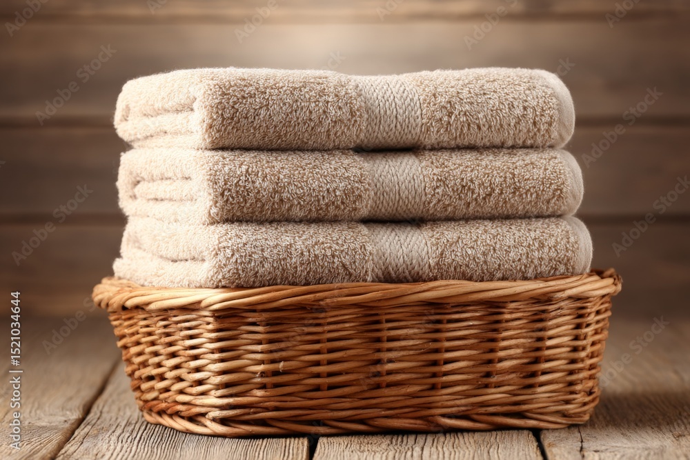 Poster soft towels stacked neatly in a woven basket on a rustic wooden surface