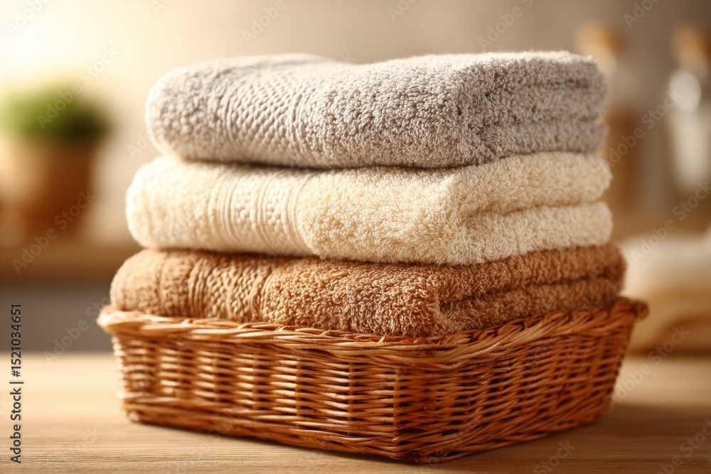 Poster soft towels stacked neatly in a woven basket on a wooden countertop in a cozy home setting