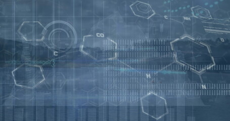 Image of chemical formula and data processing over landscape