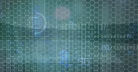 Image of data processing and shapes on black background