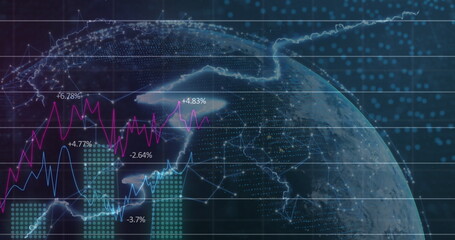 Image of data processing and globe on black background