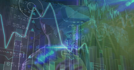 Image of data processing over african american man using vr headset