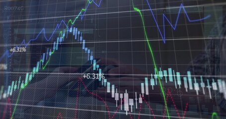 Image of data processing over hand paying with smartphone