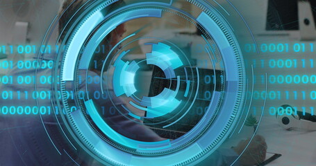 Image of data processing over caucasian businessman using laptop