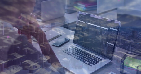 Image of data processing over african american businesswoman using laptop