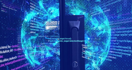 Image of data processing and shapes over server room