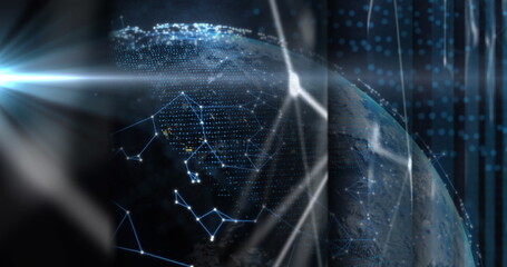 Image of moving shapes and globe on black background