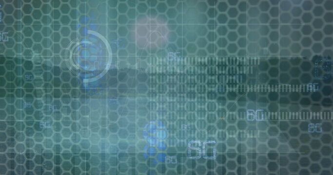 Image of data processing and shapes on black background