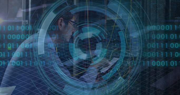 Image of data processing over asian male worker in server room - Powered by Adobe