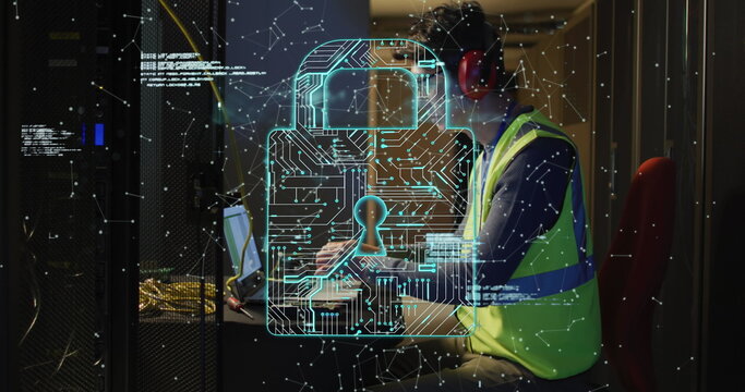 Image of data processing over asian male worker in server room