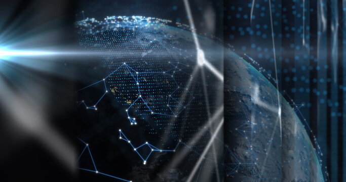 Image of moving shapes and globe on black background