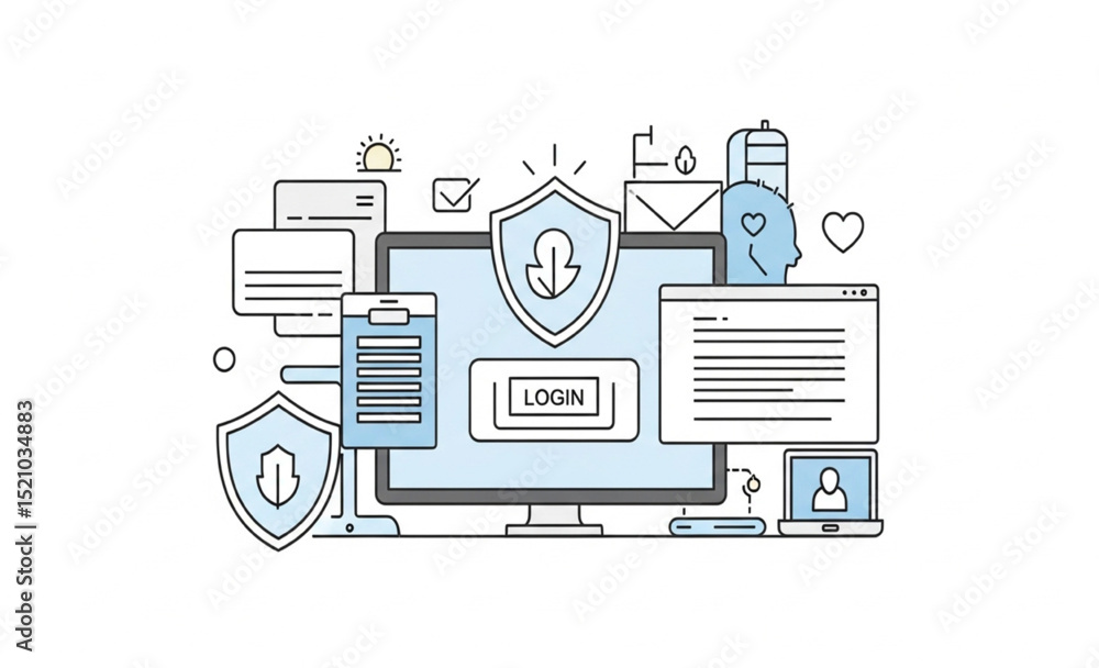 Poster data security and privacy on computer screen with login button | online cybersecurity illustration f
