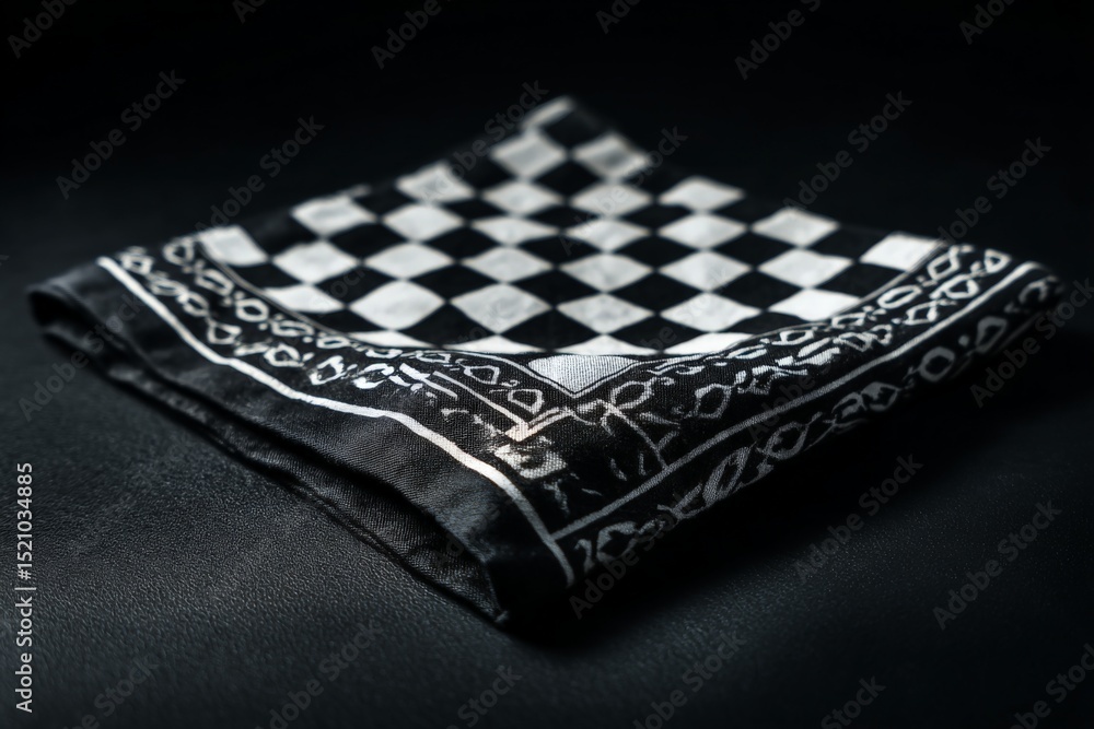 Poster checkered black and white cloth napkin displayed on a dark surface, showcasing intricate patterns an
