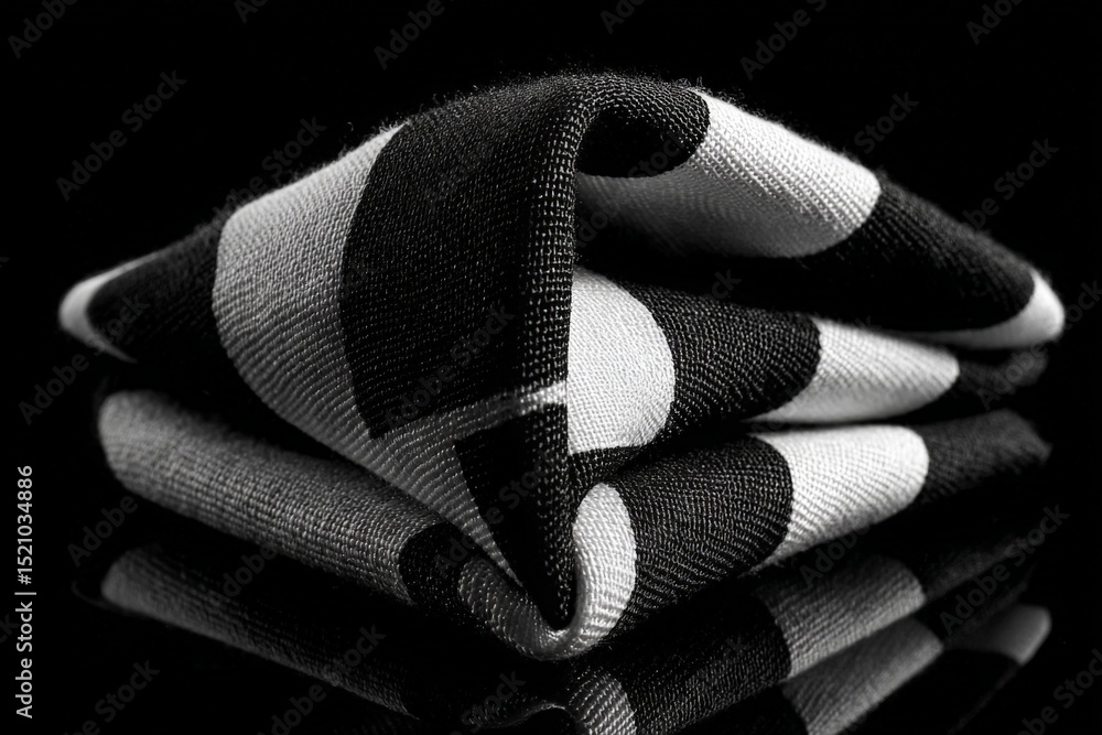 Poster Unique black and white patterned fabric folded neatly on a reflective surface showcasing a modern textile design