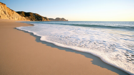 Gentle waves rolling onto sandy shore at sunset create serene atmosphere