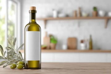 Obraz premium Olive oil bottle mockup with blank label with olive and leaf in white kitchen background, Healthy organic olive oil advertising commercial