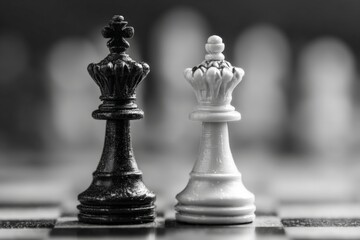 Fototapeta premium Black and white chess pieces positioned on a checkered board during an intense match in a dimly lit setting