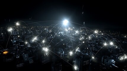 Networked future city at nighttime backdrop