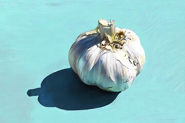 Single bulb of garlic on blue