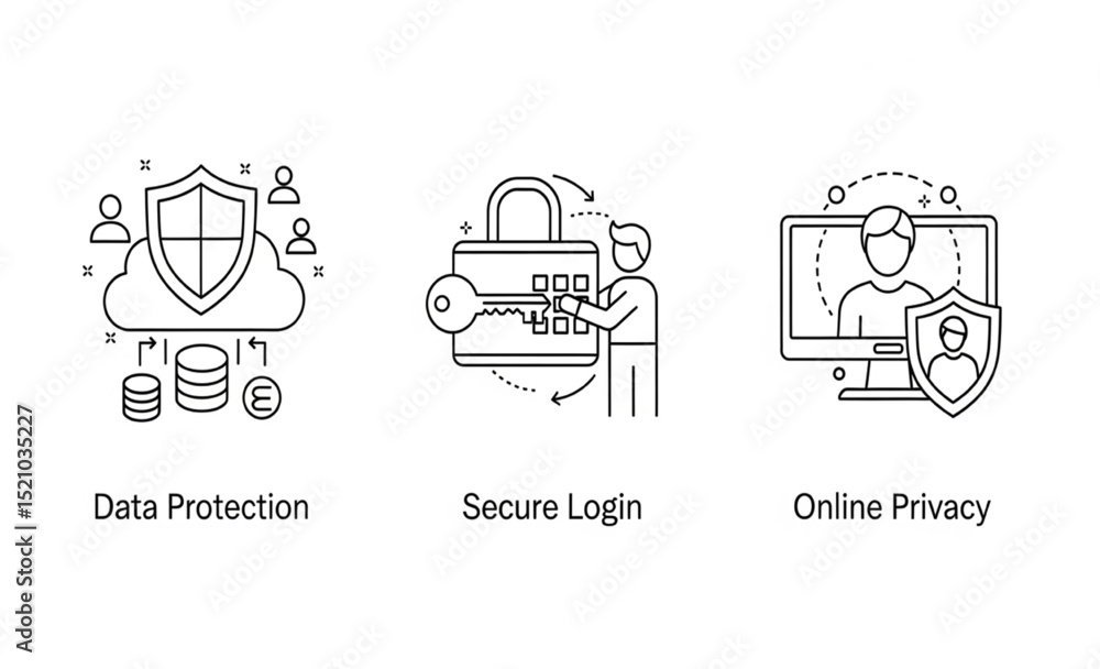 Poster data protection secure login online privacy | linear icons for cyber security, network security, dat