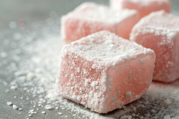 Close-Up View of Soft Pink Sugar Cubes Dusting Sugar Powder on Metallic Background for Culinary and Sweet Treats Imagery