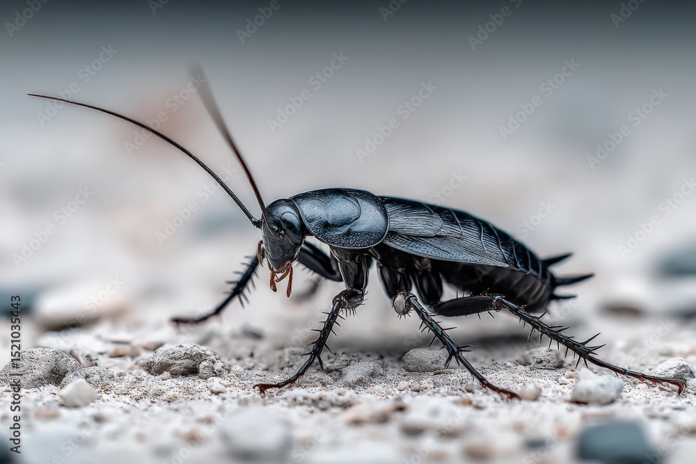 Poster close-up view of a black cockroach crawling on a sandy surface in a natural environment during dayli