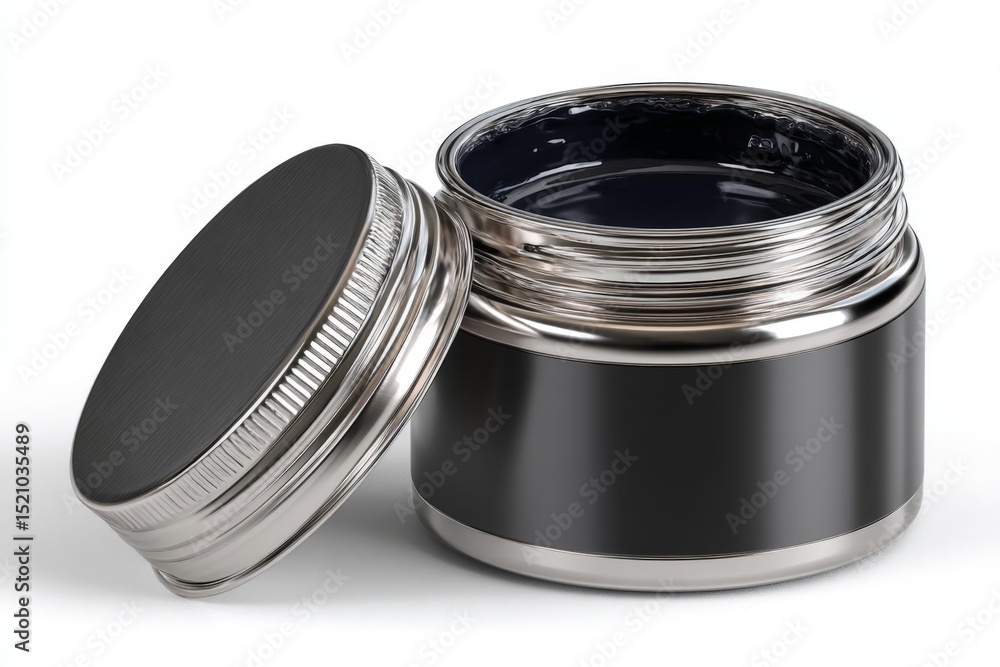 Poster small metal container with a removable lid, displaying a dark substance inside, placed on a clean su