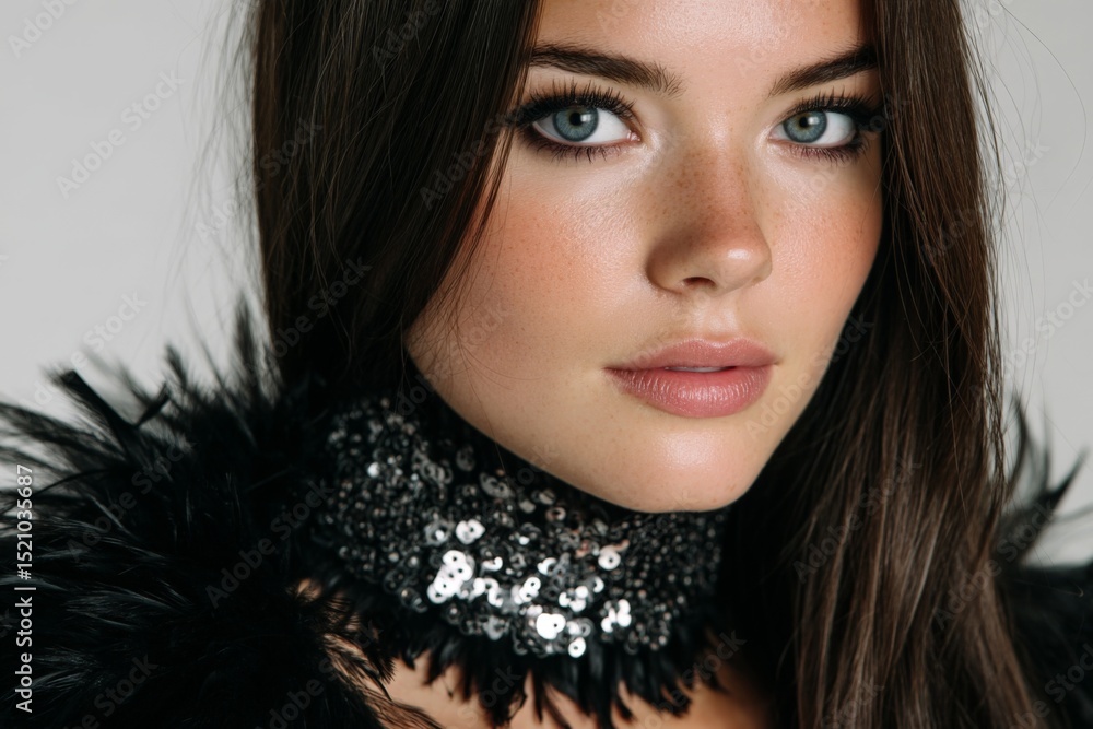 Poster close-up portrait of a model wearing a sparkling choker and stylish fur accent in a studio setting d